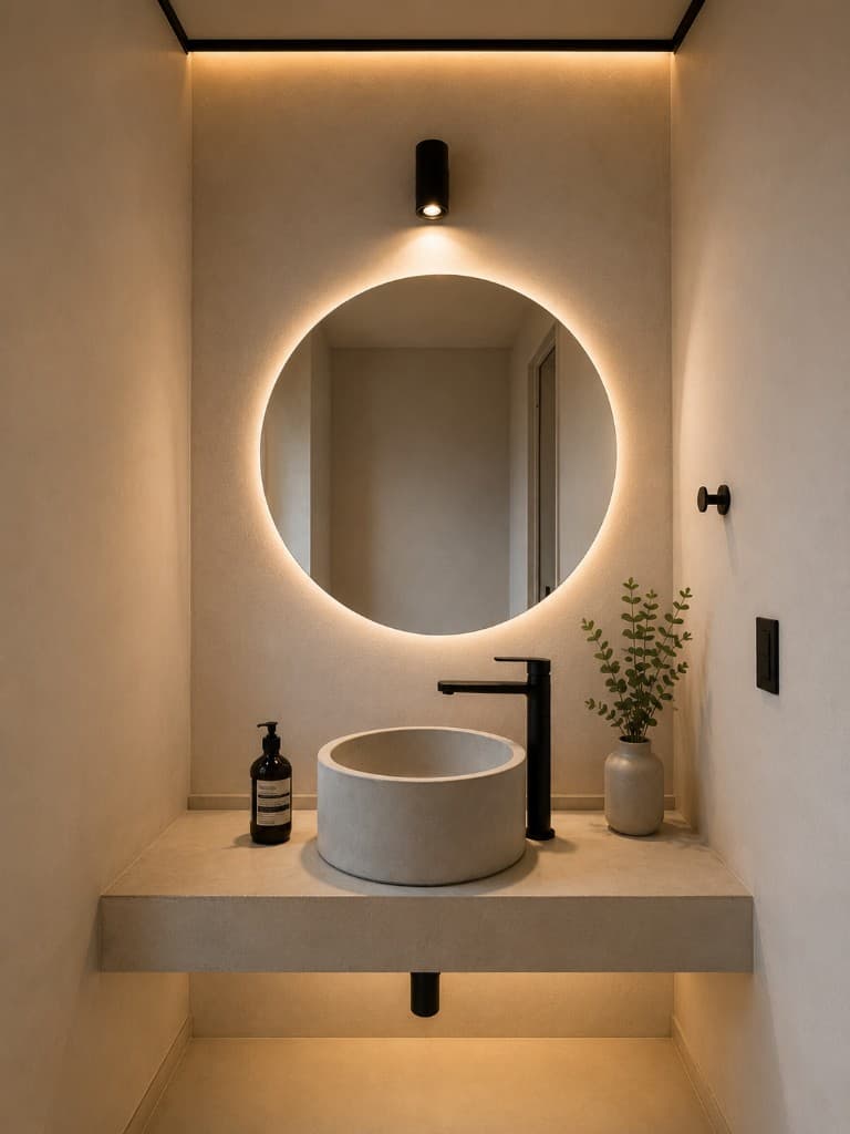 Bacha circular beige con espejo retroiluminado