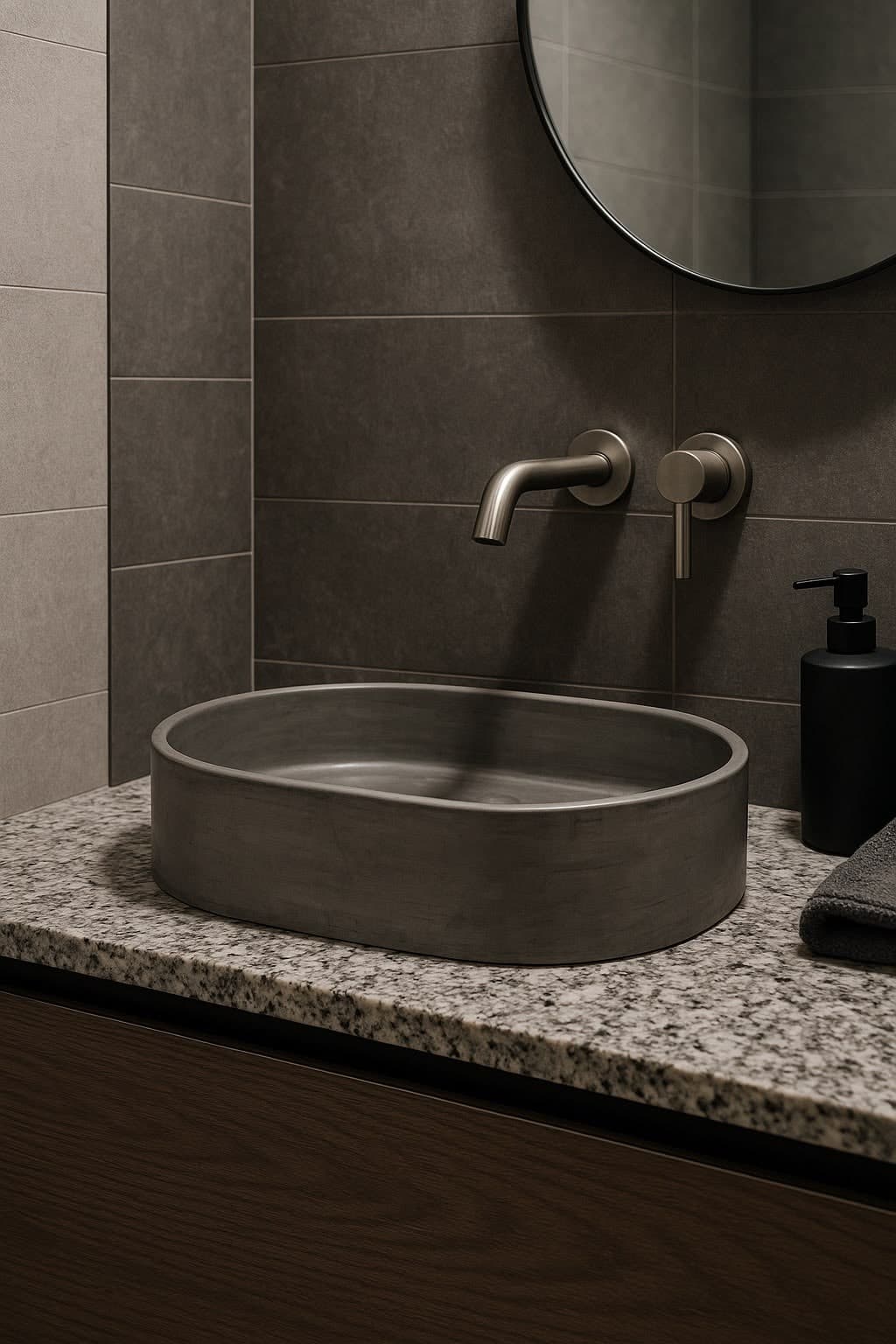 Bacha oval de concreto Prieta sobre mesada de granito con grifería de pared